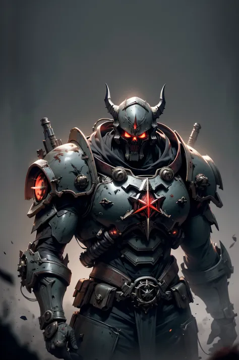 A Space marine, with bolt gun, fighting in a wasteland, Chaos marine, Warhammer style, Skull symbols, detailed hands, (Burning red eyes), , Red-blooded pentagram, Glowing Grimmore closes, summoning circle, Rusty chainsDiscreet lighting, gloomy atmosphere, ...