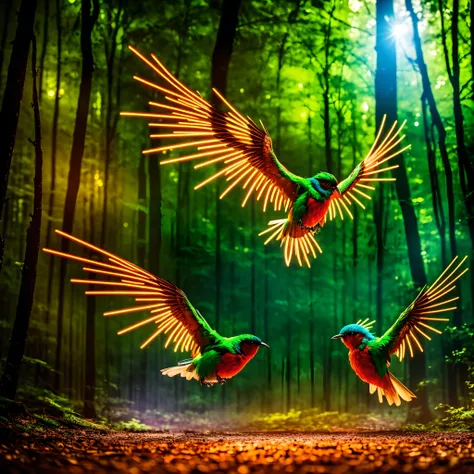 blazing fast neon chibi bird speeding through the lighted forest at night, motion blur, cool lighting effects, glowing eyes, bright vivid colors, ultra hd, realistic, vivid colors, highly detailed, UHD drawing, pen and ink, perfect composition, beautiful d...