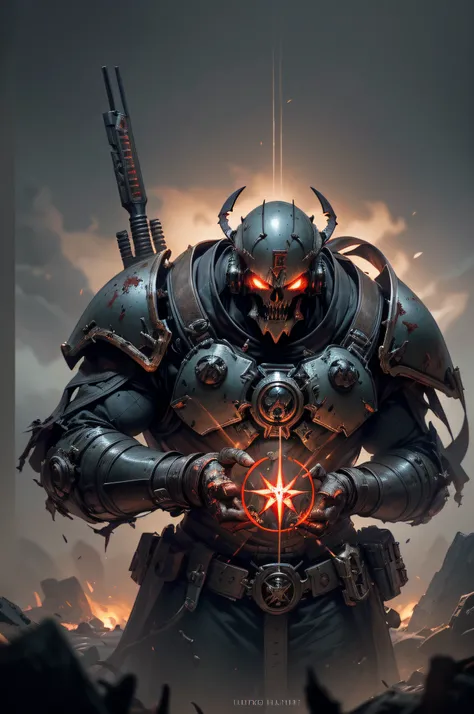 A Space marine, with bolt gun, fighting in a wasteland, Chaos marine, Warhammer style, Skull symbols, detailed hands, (Burning red eyes), , Red-blooded pentagram, Glowing Grimmore closes, summoning circle, Rusty chainsDiscreet lighting, gloomy atmosphere, ...