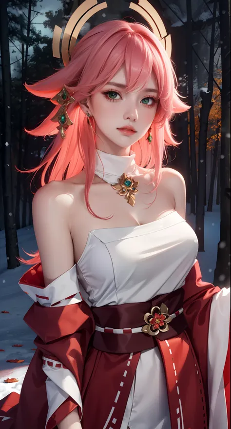 (Masterpiece, Excellent, 1girl, solo, complex details, color difference), realism, ((medium breath)), off-the-shoulders, big breasts, sexy, Yae Miko, long pink hair, red headdress, red highlight, hair above one eye, green eyes, earrings, sharp eyes, perfec...