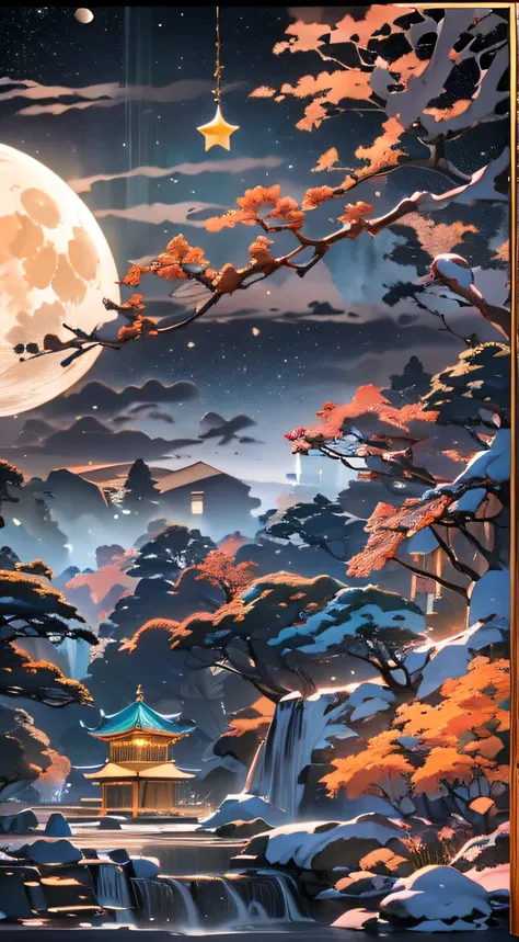 Orange moon，Guanghan Palace,Emerald base,full moon,The pot is composed of Hetian jade,Crystal clear jade carvings,The ivory tortoiseshell is full of color， clearly visible,(Star Draft,starryskybackground,In the glow-in-the-dark world:1.45),