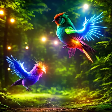 blazing fast neon chibi bird speeding through the lighted forest at night, motion blur, cool lighting effects, glowing eyes, bright vivid colors, ultra hd, realistic, vivid colors, highly detailed, UHD drawing, pen and ink, perfect composition, beautiful d...