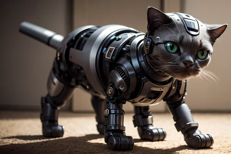 cute cyborg cat, half made of metal