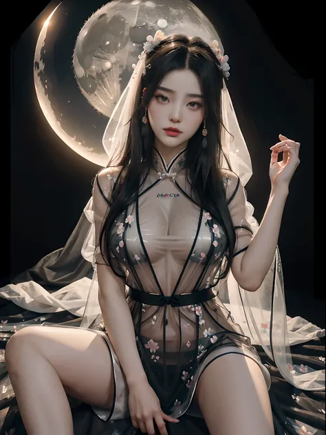 1. Ancient Chinese court girl，(((see through hanfu)))，(((Transparent period costume)))，Transparent Tang and Song court costumes，(((Huge Moon)))，lying down，Skysky，Recumbent position，Top CG，Highest image quality，tmasterpiece，Delicate and delicate beautiful g...