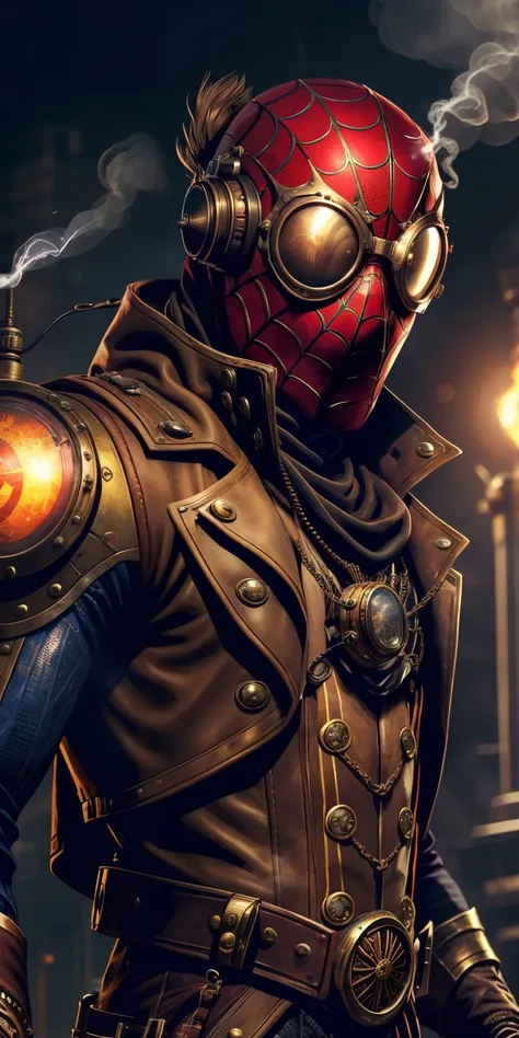 spider-man steampunk sports a leather and brass suit adorned with mechanical details. its chest features a spider gear that is a...