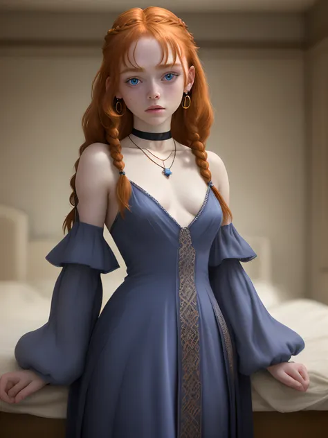 Sadie Sink, In the Lavate Movie, by Valerian Volochik, Erotic, 1girl in, Blue_Eyes, Blurry, Blurry_Background, braid, Choker,Naked,Depth_In the_field, Dress, earrings, Eyelashes, hitornfreckles, hair_Over_Shoulder, Jewelry, Lips, long_hair, long_sleeves, u...