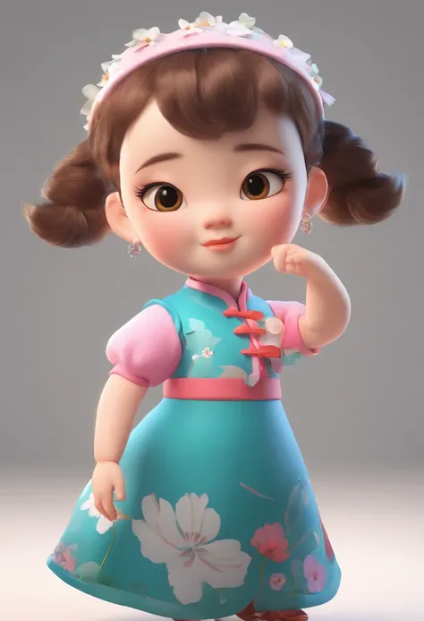 A little girl，Hold your arms，Frowning，Staring at you angrily，Pouting angrily，Floral half-sleeved cheongsam，Cute fat girl，A ball head