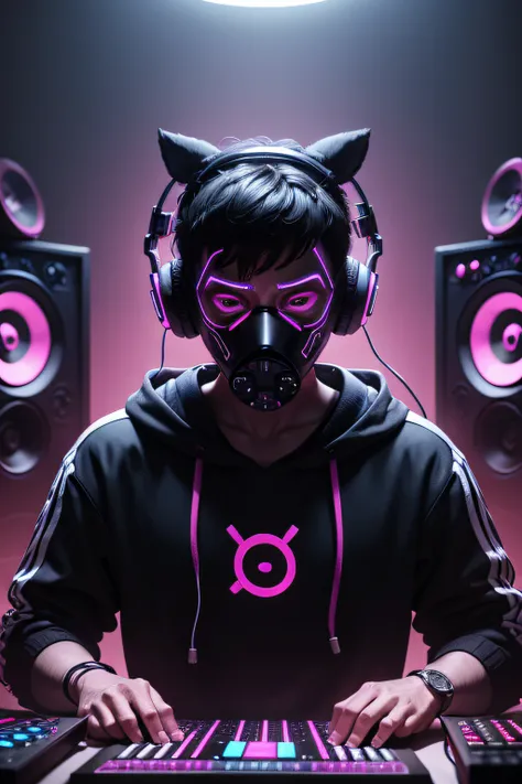 an beatmaker with mask using headphones in a homestudio, dark background, neon colors