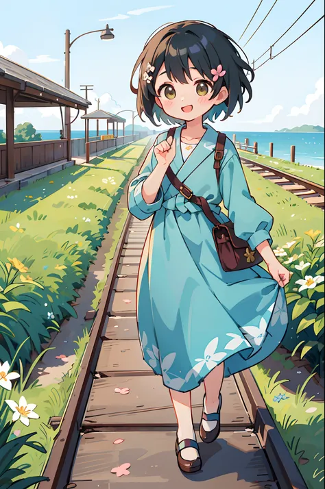 bustup、morning、Girl walking on a path parallel to the railroad tracks、Raising the right hand、Vigorous、You can see the sea in the background, I see the train、（ hair adornments、Floral hair ornament）、 masutepiece, Anatomically correct、A smile, radiant light、S...