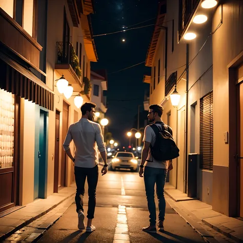 Dois Homens brasileiros sexy se beijando na rua a noite. Roupas diferentes. Fundo ceu estrelado