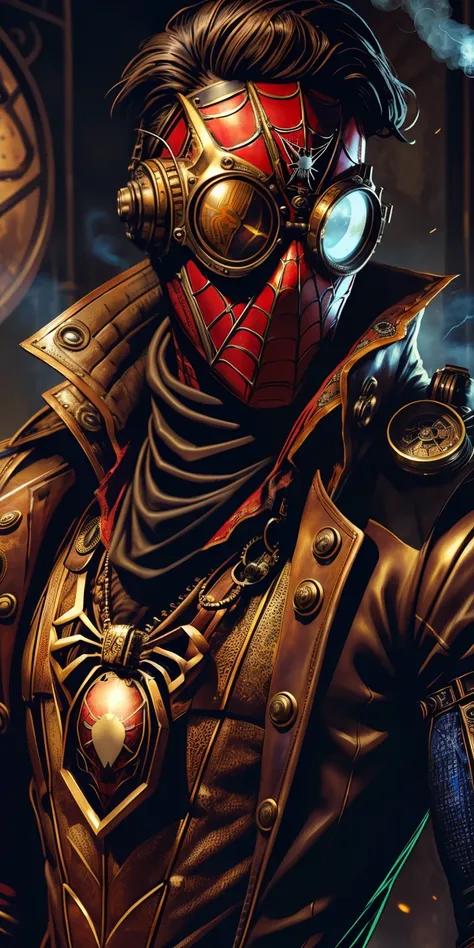 spider-man steampunk sports a leather and brass suit adorned with mechanical details. its chest features a spider gear that is a...