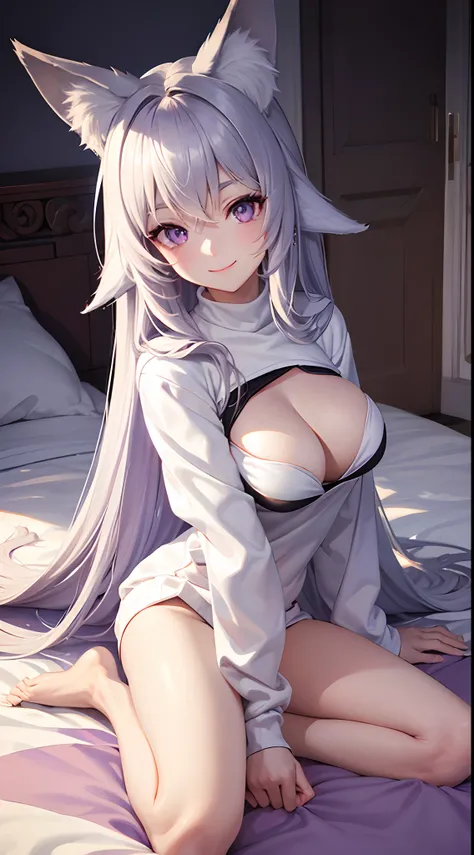 1 girl, long sweatshirt, home, laying on the bed, sunbather position , long silver hair, purple colour eyes, smiling, excited, beautiful, pale skin, perfect body figure, normal breast 1:3, cute , fox ears