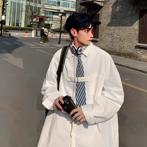 Allard man in white coat and tie, wearing a shirt with a tie, Long shirt, white trendy clothes, wearing japanese techwear, japanese streetwear, Male ulzzang, trending on r/Street attire, 2 0 2 0 fashion, wearing cyberpunk streetwear, casual streetwear, lon...