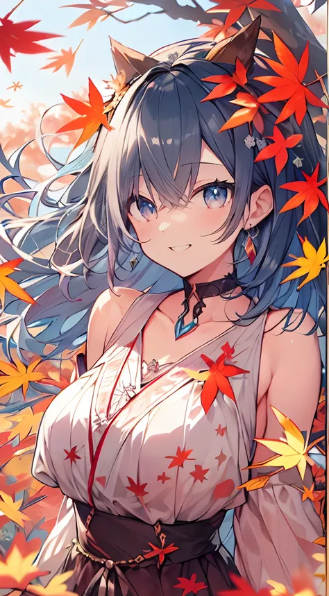 masutepiece, Best Quality,Illustration, Wallpaper, ultra -detail, Absurd beauty, 1beautiful girl、Bright hair color、Glitter and big eyes、Hair fluttering in the wind、ample breasts、♡、Smaller head、Autumn landscape、miscievous smile