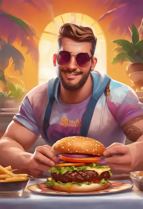 Arte de salpicaduras, Estilo Fortnite, Cartel de retrato, (fondo blanco)), estilo splash de tinta coloful, contorno, Hiperdetalles intrincadamente detallados, hombre gordo comiendo una super hamburguesa