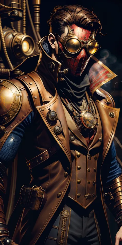 spider-man steampunk sports a leather and brass suit adorned with mechanical details. its chest features a spider gear that is a...