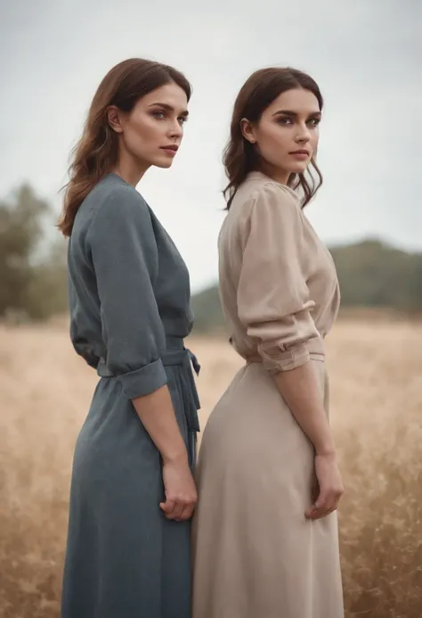 Two women standing back to back wearing completely different styles of outfit