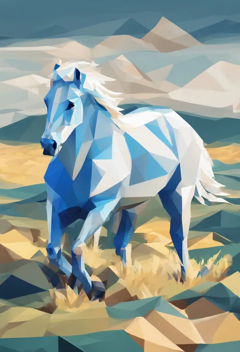 blue white colors，low polygon，snowfield，grassy fields，Vast grasslands，The horse galloped