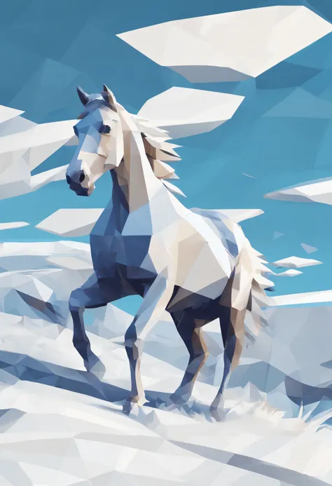 blue white colors，low polygon，snowfield，grassy fields，Vast grasslands，The horse galloped