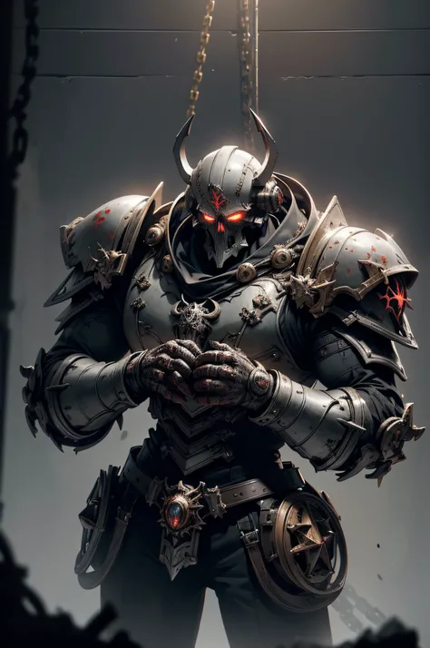 A Space marine, with bolt gun, fighting in a wasteland, Chaos marine, Warhammer style, Skull symbols, detailed hands, (Burning red eyes), , Red-blooded pentagram, Glowing Grimmore closes, summoning circle, Rusty chains, Discreet lighting, gloomy atmosphere...