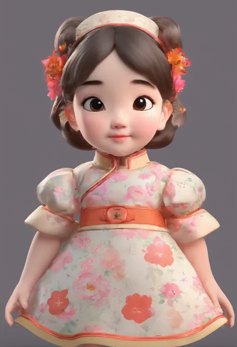 A little girl，Hold your arms，Frowning，Staring at you angrily，Pouting angrily，Floral half-sleeved cheongsam，Cute fat girl，A ball head