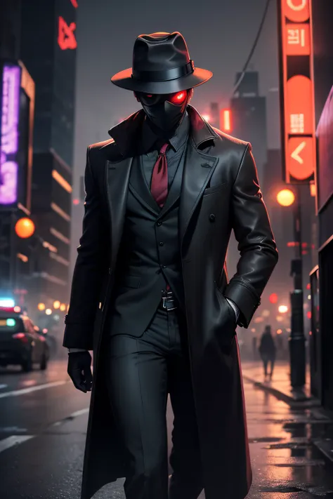 Detective, fedora hat, no face, neon red eyes black overcoat, city, technology, crime, decaying belly, cases, mysteries, dangerous situations, difficult, mysterious, noir, intelligent, cunning, formidable, enigmatic, cyberpunk