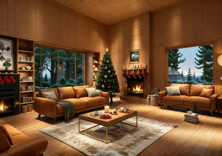 (((Masterpiece))), highest quality, super-realistic, contemporary livingroom, flooded with natural light streaming through the windows, the cupboard (1.2)Christmas Eve castle living room, warm feeling, feeling of home, large windows, light brown leather so...