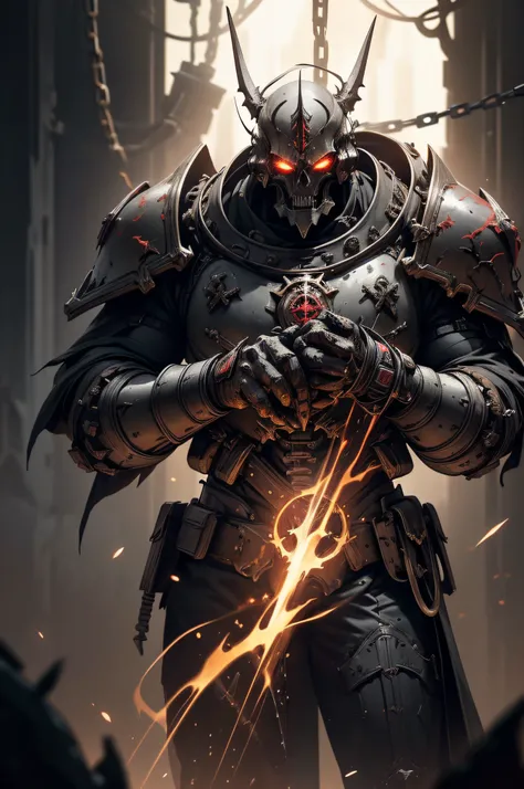 A Space marine, with bolt gun, fighting in a wasteland, Chaos marine, Warhammer style, Skull symbols, detailed hands, (Burning red eyes), , Red-blooded pentagram, Glowing Grimmore closes, summoning circle, Rusty chains, Discreet lighting, gloomy atmosphere...