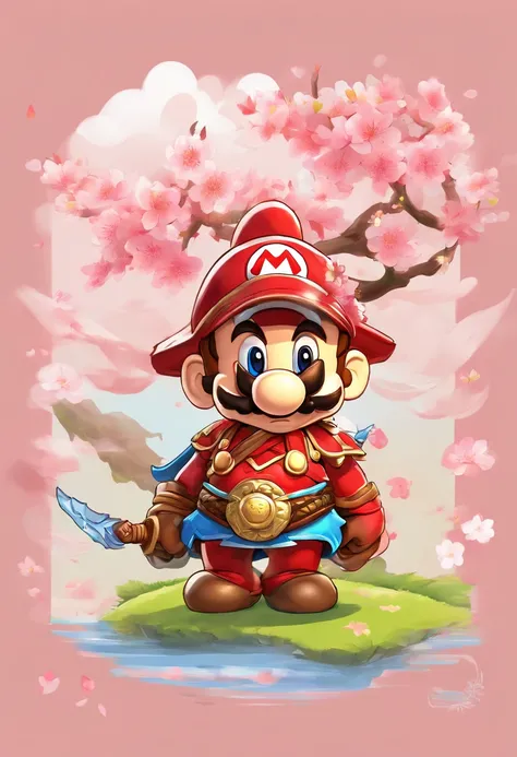 (Mario), character design, Nintendo Super Mario, Mario as a brave samurai warrior, wearing highly detailed samurai armor, cherry blossoms blowing in the wind, perfect masterpiece, high quality, high resolution