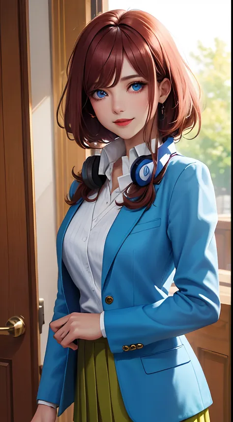 tmasterpiece，best qualtiy，ultra - detailed，illustratio，epic lighting，cinematic compositions，isometry，1girll，ssmile，Redlip，独奏，adolable，blue eyes，brown color hair，By bangs，blue headphones，captivating posture，inside in room，school，Open the door，looking at vie...