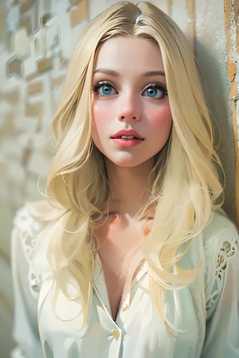 full body. a blonde woman with white skin, 28 years old. she has long, straight, shiny hair and huge, captivating eyes.