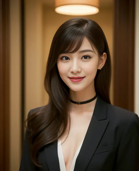 ((Top quality, 8K, Masterpiece: 1.3)), Beautiful girl, Pure, Melon face, Kind and cute, Sweet smile, Pure desire, Slender body, (Front), (Tilted head), ((Looking at camera) ), Wearing suits of various colors, black silky medium hair, long flowing shoulders...