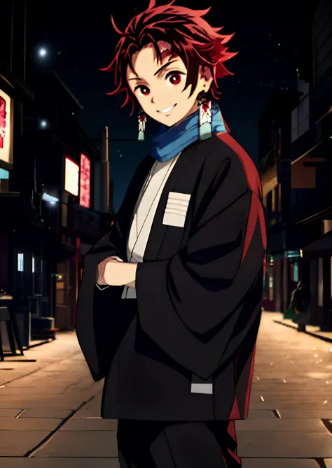 "anime boy, Kamado Tanjiro, A slight smil,full bodyesbian, Red hair, And red eyes, Gorgeous lights,In the beautiful night city."