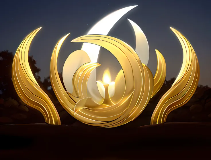 Large outdoor very abstract art installation, At night,It is about 6 meters high, Width approx. 3 meters, Elongated petals wrap around the buds, Petals bloom, Only a few petals, Glass translucent material, Gradient white and gold, It glows at night, romant...