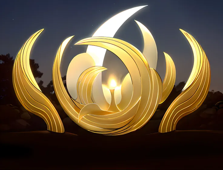 A large outdoor very abstract art installation, at night,It is about 6m high, Width approx. 3m, The slender petals wrap around a bud, Petals bloom, Only a few petals, Glass translucent material, Gradient white and gold, It glows at night, Romanticism, glow...