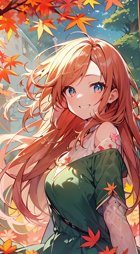 masutepiece, Best Quality,Illustration, Wallpaper, ultra -detail, Absurd beauty, 1beautiful girl、Bright hair color、Glitter and big eyes、Hair fluttering in the wind、ample breasts、♡、Smaller head、Autumn landscape、miscievous smile