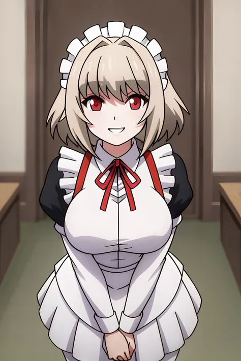 fith, anime_art_style, breasts, looking_at_viewer, smile, short_hair, open_mouth, bangs, multiple_girls, blonde_hair, red_eyes, ribbon, closed_eyes, upper_body, :d, teeth, solo_focus, 3girls, red_ribbon, maid, maid_headdress, neck_ribbon, upper_teeth_only,...