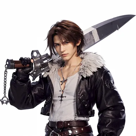 squall, (1boy), (scar across nose:1.5, fur collar, black jacket, gunblade over shoulder), medium shot