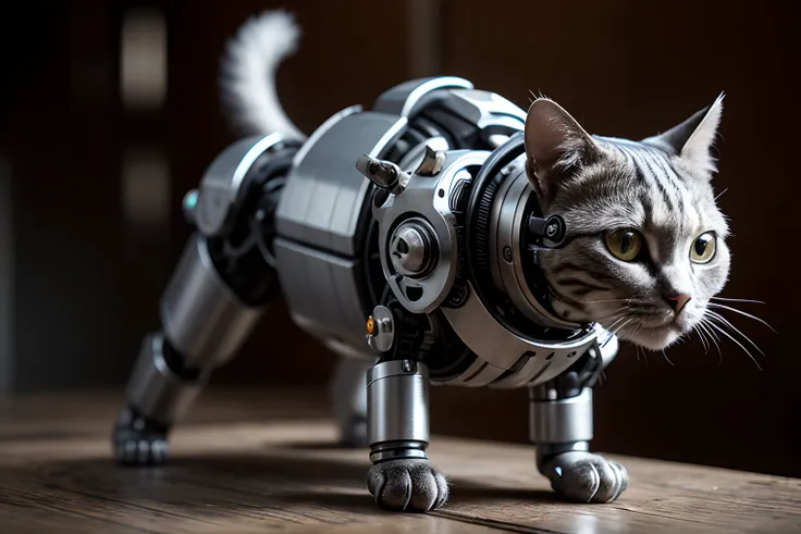 cute cyborg cat, half made of metal