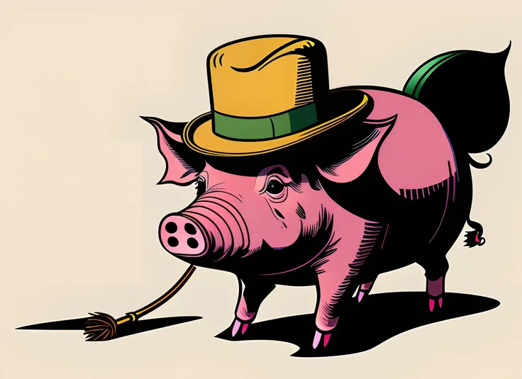 A vector image of a pig wearing a hat and carrying a cane in a comic book style