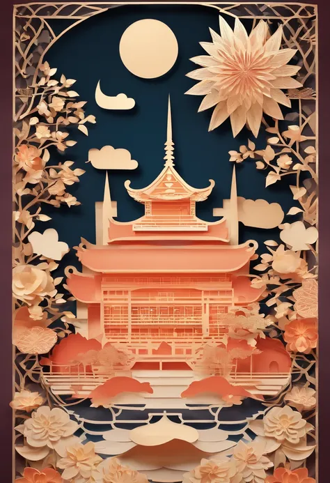 high detal，Gladly，Mid-Autumn Festival poster，Close-up of mooncake with flower outline，Nice lighting，There is the Mid-Autumn Festival inside, themoon、Mid-Autumn Festival、national day、edgBunny、Red flag，Yellow mooncakes、Colorful fireworks in the sky，ink wash ...