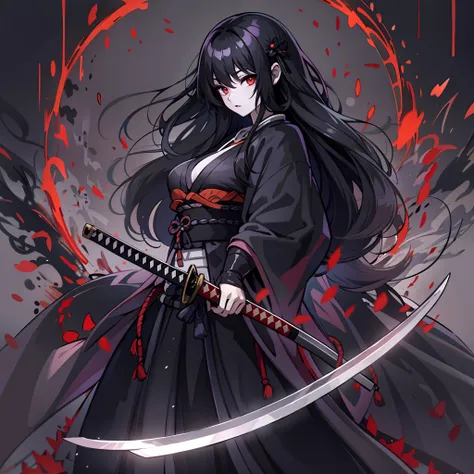 upper body, 1woman, grey-black hair, Long Haired, red eyes, ((ronin)), black cape, big breats, wallpaper, chain background, light particles, ((masterpiece)), ((best quality)), ((Top Quality)), pale white skin, solo, long black katana