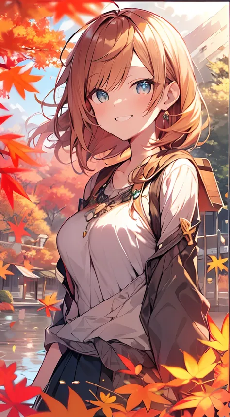 masutepiece, Best Quality,Illustration, Wallpaper, ultra -detail, Absurd beauty, 1beautiful girl、Bright hair color、Glitter and big eyes、Hair fluttering in the wind、ample breasts、♡、Smaller head、Autumn landscape、miscievous smile