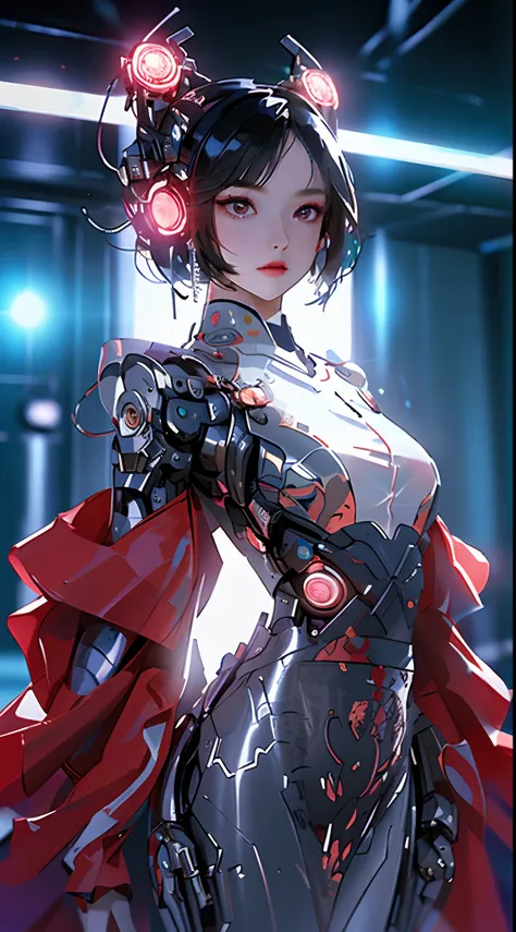 1 girl, chino_ropa, liquid silver and pink, Cyberhan, Llevar un kimono rosa, ciudad cyberpunk, dynamic  pose, Auriculares brillantes, Accesorios para el cabello brillante, Cabello largo, pendientes brillantes, collar brillante, cyberpunk, high-tech city, f...