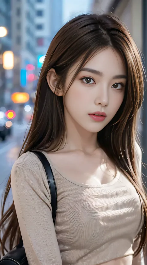 ((Realistic lighting, top quality, 8K, Masterpiece: 1.3)), Clear Focus: 1.2, 1 girl, Perfect Body Beauty: 1.4, Slim Abs: 1.1, ((Dark Brown Hair, Big: 1.3)), (Acceleration: 1.4), (Outdoor, Night: 1.1), Street, Slender Face, Narrow Eyes, Double Eyelids, Expo...