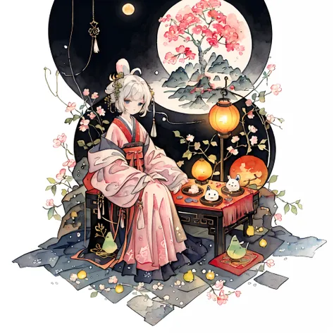 (pastelcolor:1.3)、(cute illustration:1.3)、(watercolor paiting:1.1),（A rabbit：1.4）, exteriors，Leaning against the edge of the tree, Look up at the moon, themoon；1.2，（（sweet osmanthus，Kongming Lantern，Meniscus，Moon cake：1.3）），Mid-Autumn Festival atmosphere：1...