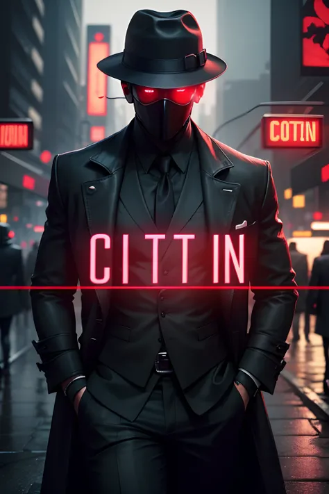 Detective, fedora hat, faceless, neon red eyes black overcoat, city, technology, crime, decaying belly, cases, mysteries, dangerous situations, difficult, mysterious, noir, intelligent, cunning, formidable, enigmatic, cyberpunk, 4 images