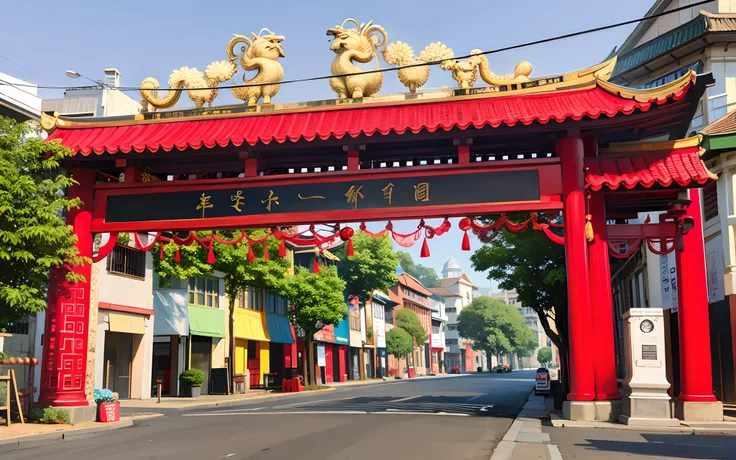 red chinese-ornament gate with colorful buildings