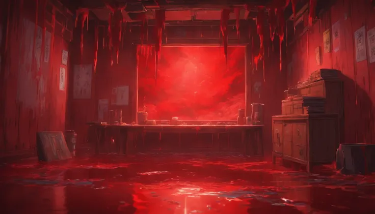 Scenario Blood red room, water upwards, hands among the scenery destroying the room, empty without anyone with hands breaking super detailed, hyper HD, correct, textured scenery, Super detail, High details, High quality, High resolution, 8K, hyper HD , Tex...