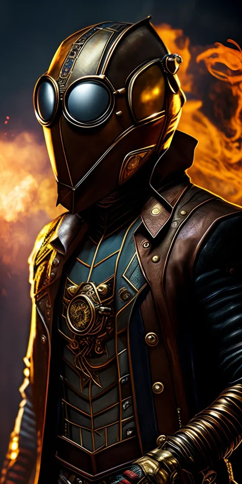 spider-man steampunk sports a leather and brass suit adorned with mechanical details. its chest features a spider gear that is a...